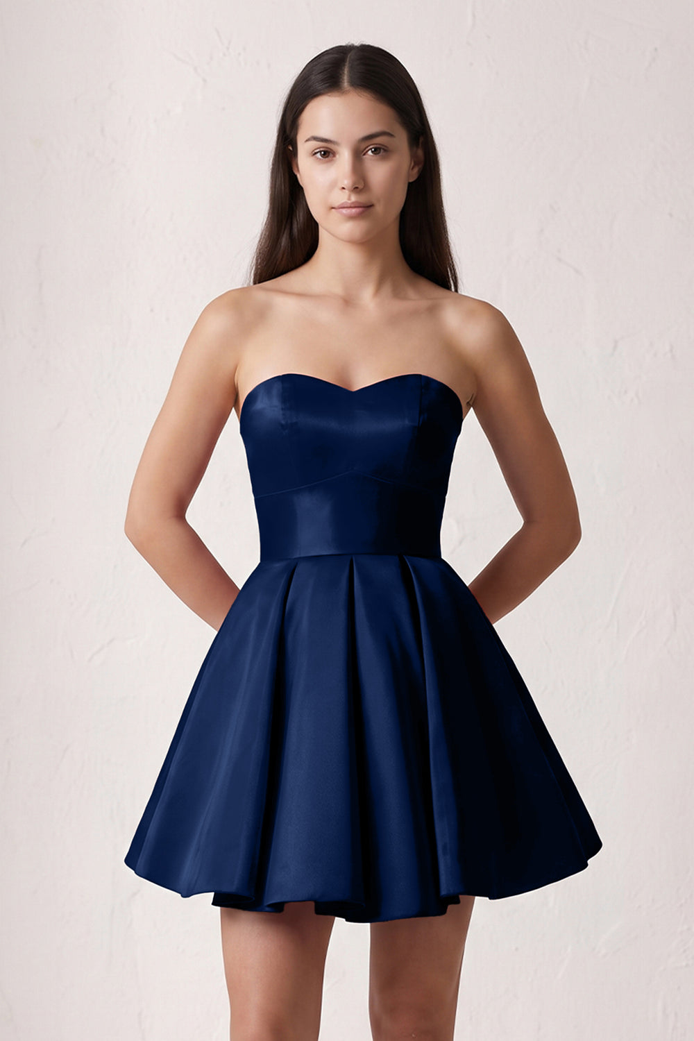 Navy Blue A Line Strapless Satin Homecoming Dress | KISSPROM