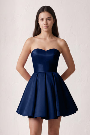 Navy Blue A Line Strapless Satin Homecoming Dress | KISSPROM