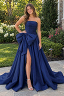 Navy Blue A-line Strapless Taffeta Long Prom Dress With Slit | KISSPROM