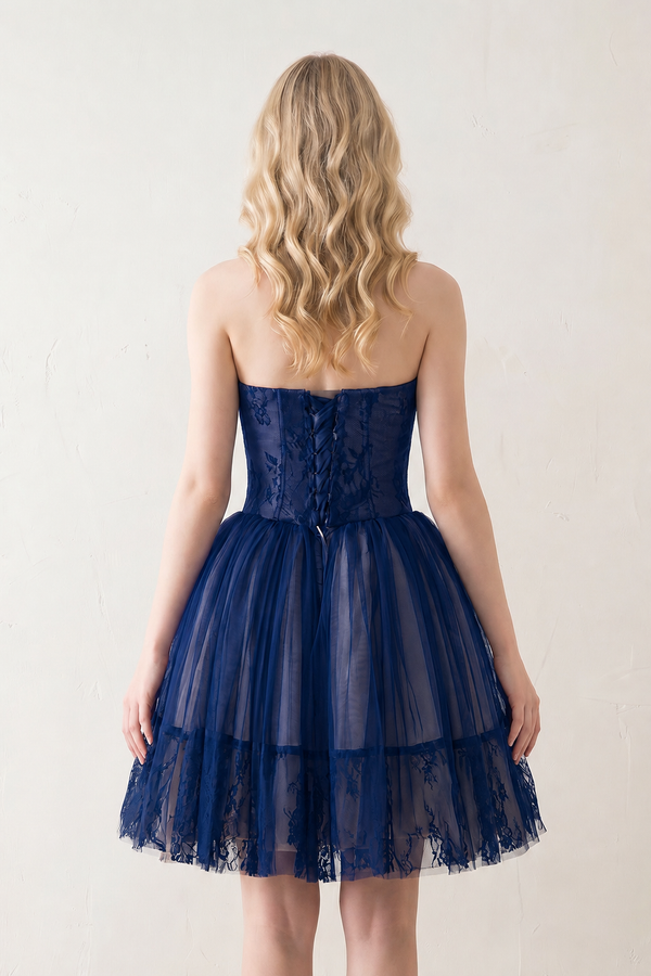 Navy Blue A line Strapless Tulle Homecoming Dress (2) | KISSPROM