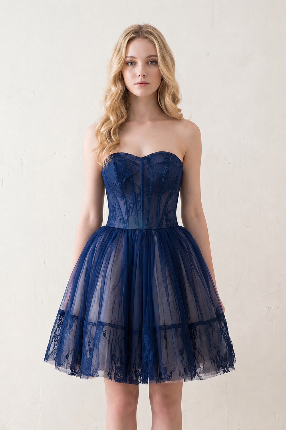 Navy Blue A line Strapless Tulle Homecoming Dress | KISSPROM