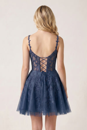 Navy Blue A Line Sweetheart Appliques Short Homecoming Dresses | KISSPROM