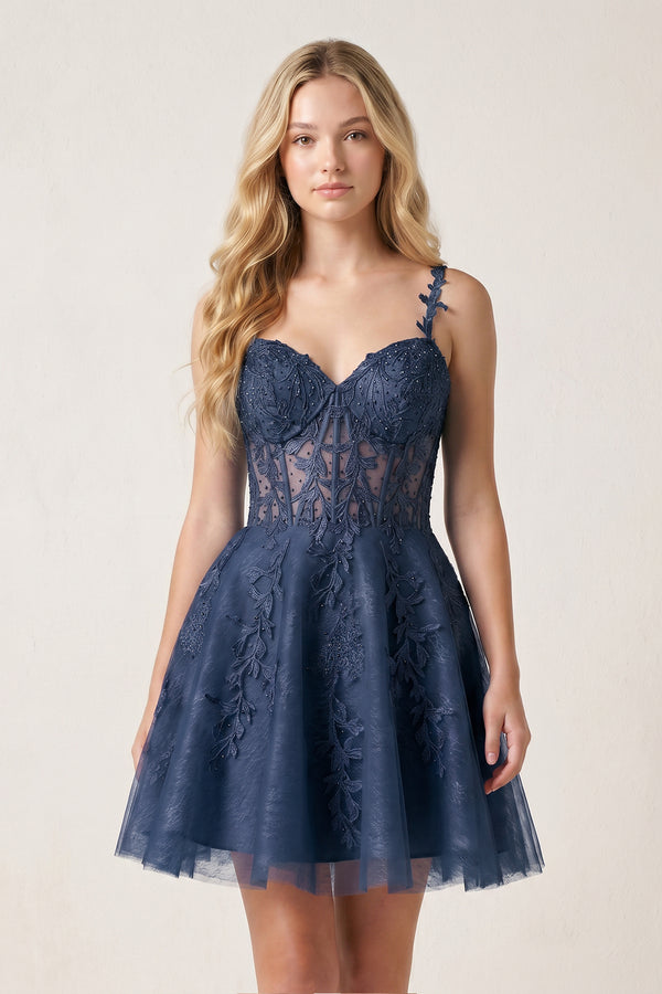 Navy Blue A Line Sweetheart Appliques Short Homecoming Dresses | KISSPROM