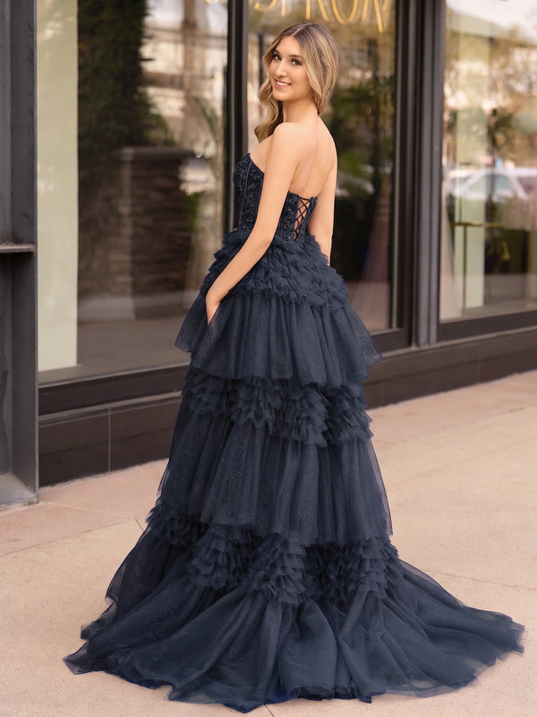 A-Line Sweetheart Tiered Long Tulle Prom Dress - Kissprom