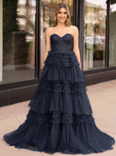 A-Line Sweetheart Tiered Long Tulle Prom Dress - Kissprom
