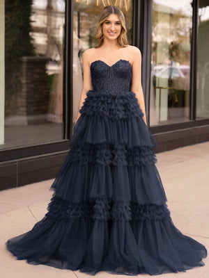 A-Line Sweetheart Tiered Long Tulle Prom Dress - Kissprom
