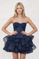 Navy Blue A-Line Tulle Short Homecoming Dress with Ruffles | KISSPROM