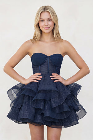 Navy Blue A-Line Tulle Short Homecoming Dress with Ruffles | KISSPROM