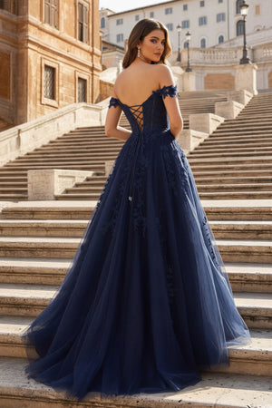 KissProm- Navy Blue A-line Sweetheart Lace Tulle Prom Dress with Slit