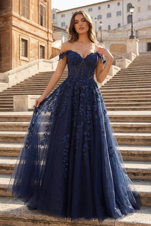 KissProm- Navy Blue A-line Sweetheart Lace Tulle Prom Dress with Slit