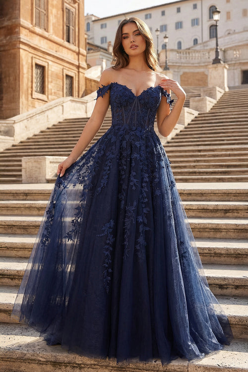 KissProm- Navy Blue A-line Sweetheart Lace Tulle Prom Dress with Slit