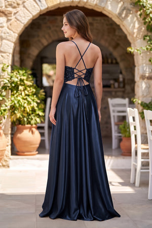 Navy Blue A-Line V-Neck Satin Prom Dress with Slit (2) | KISSPROM