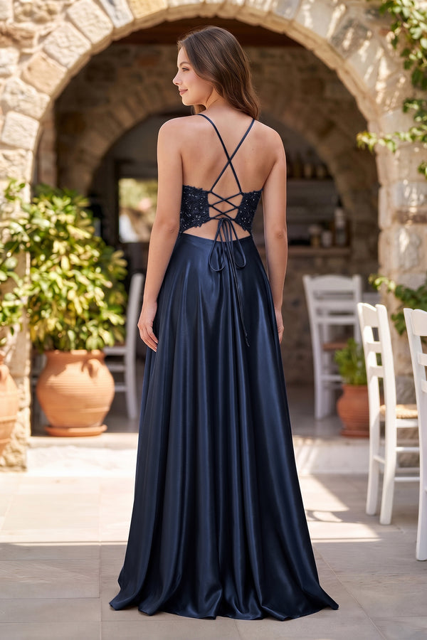 Navy Blue A-Line V-Neck Satin Prom Dress with Slit (2) | KISSPROM