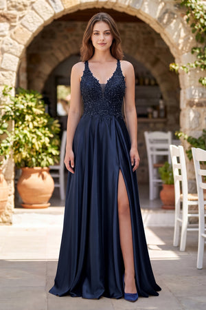 Navy Blue A-Line V-Neck Satin Prom Dress with Slit | KISSPROM