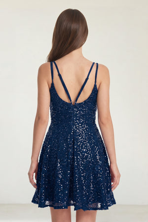 Navy Blue A Line V Neck Sequined Short Homecoming Dresses (2) | KISSPROM