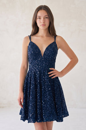 Navy Blue A Line V Neck Sequined Short Homecoming Dresses | KISSPROM