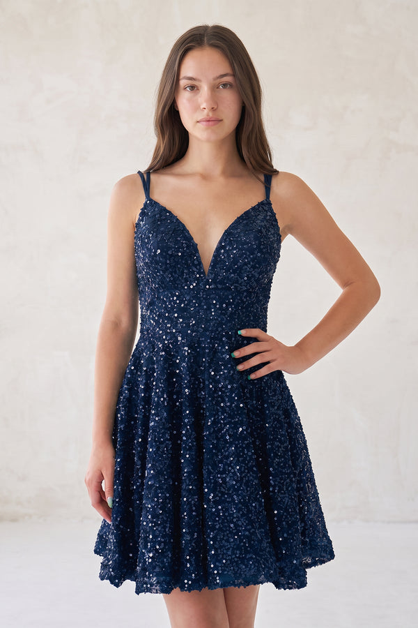 Navy Blue A Line V Neck Sequined Short Homecoming Dresses | KISSPROM