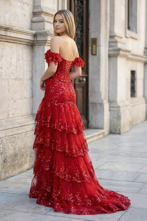 Sheath Off the Shoulder Long Lace Prom Dress (Lace - up Back) - KissProm