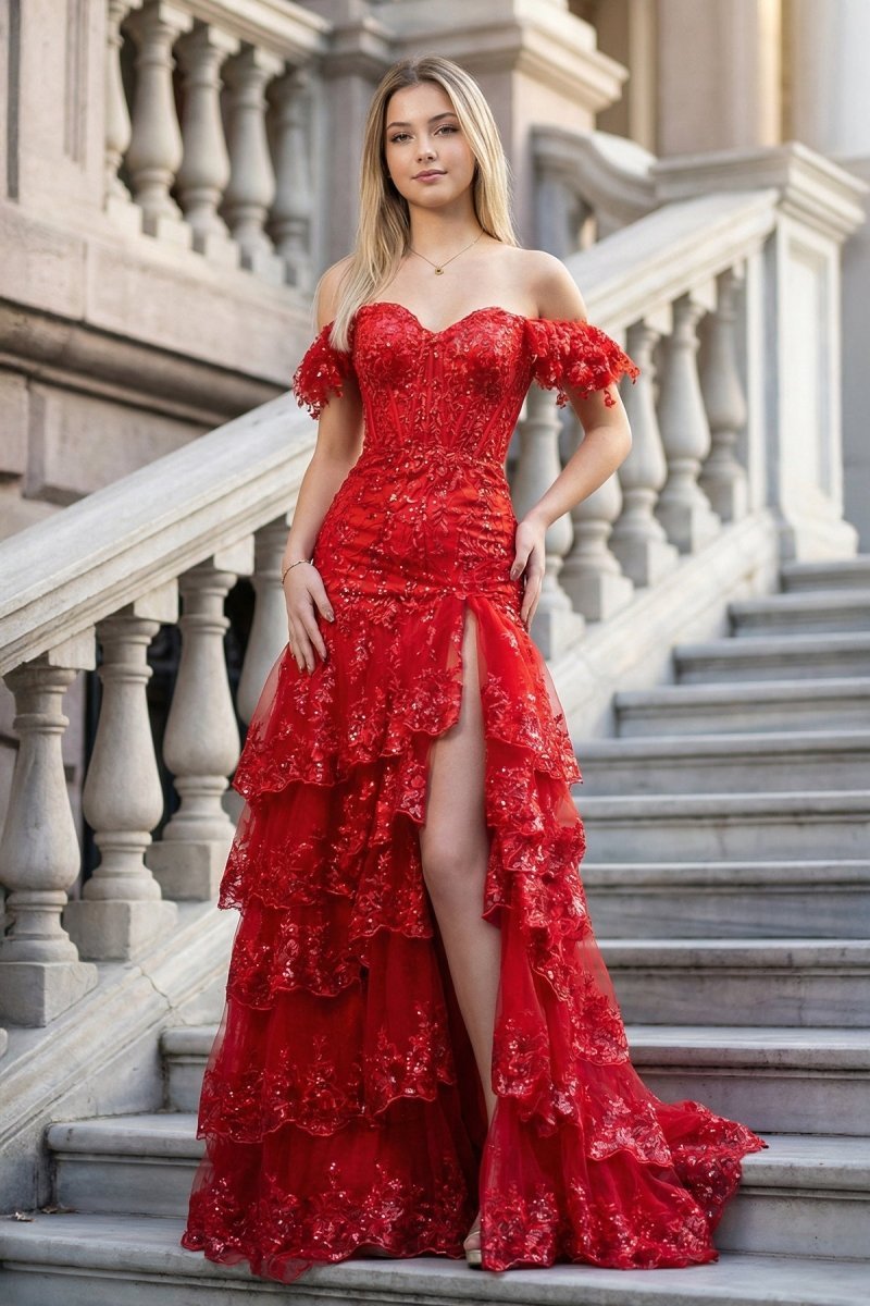 KissProm Sheath Off the Shoulder Long Lace Prom Dress (Lace-up Back), Red / 0