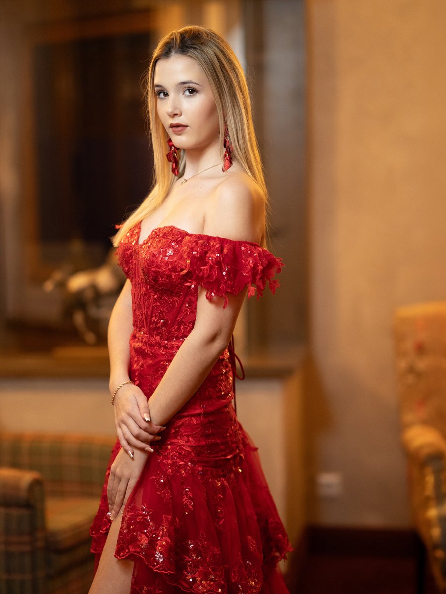 Sheath Off the Shoulder Long Lace Prom Dress (Lace-up Back), Red / 0