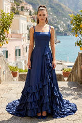 Navy Blue Spaghetti Straps A Line Lace-Up Ruffle Tiered Prom Dress with Slit | KISSPROM