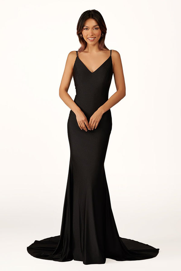 Black Beaded V-Neck Backless Mermaid Long Prom Dress -KissProm