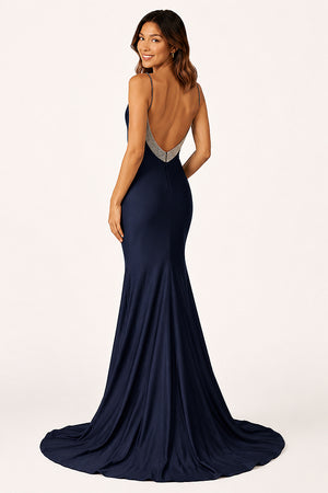 Navy Blue Beaded V-Neck Backless Mermaid Long Prom Dress - KissProm