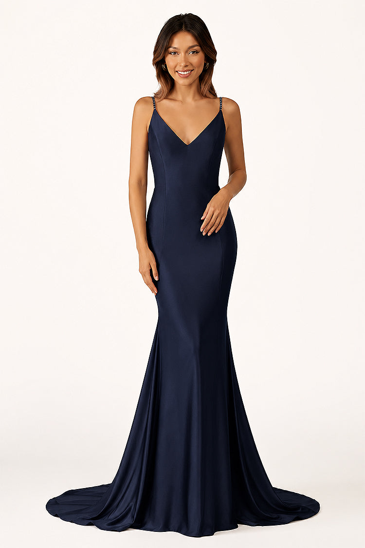 KissProm Navy Blue Beaded V-Neck Backless Mermaid Long Prom Dress, Navy Blue / 0