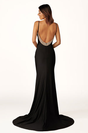 Black Beaded V-Neck Backless Mermaid Long Prom Dress -KissProm