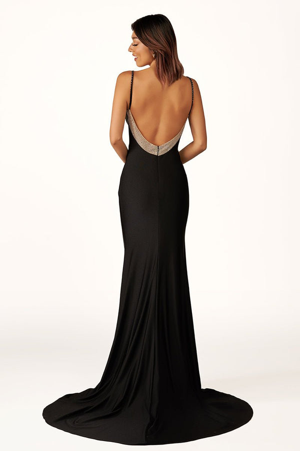 Navy Blue Beaded V-Neck Backless Mermaid Long Prom Dress - KissProm