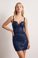 Navy Blue Bodycon Off The Shoulder Sequins Mini Homecoming Dresses With Appliques | KISSPROM