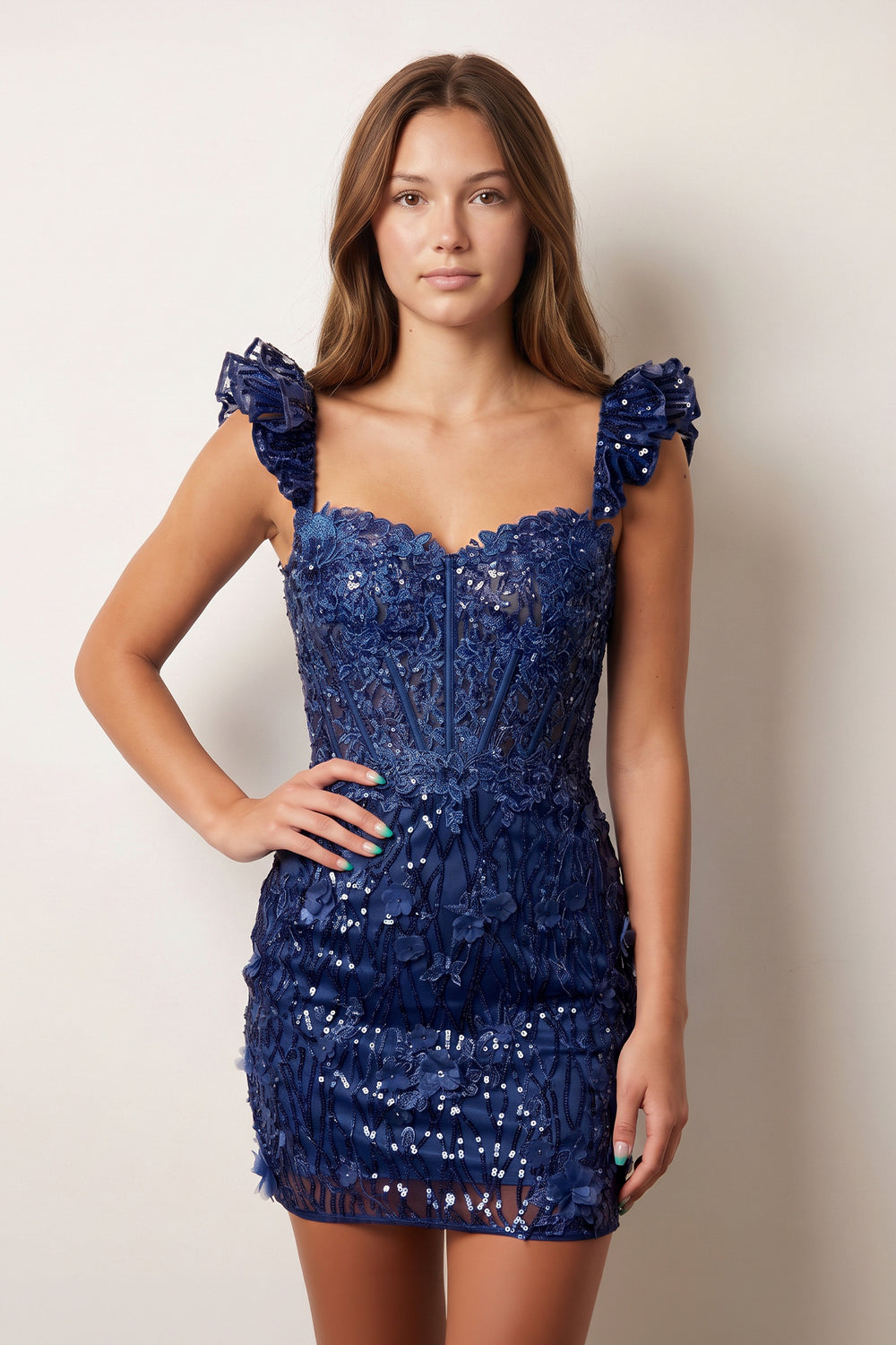 Navy Blue Bodycon Off The Shoulder Sequins Short Homecoming Dresses | KISSPROM