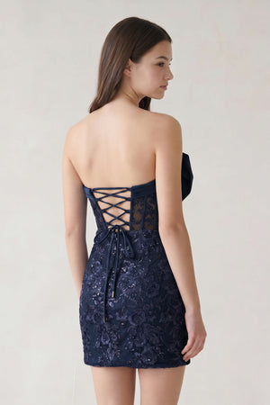 Navy Blue Bodycon Sequined Lace Strapless Corset Homecoming Dresses with Bow | KISSPROM
