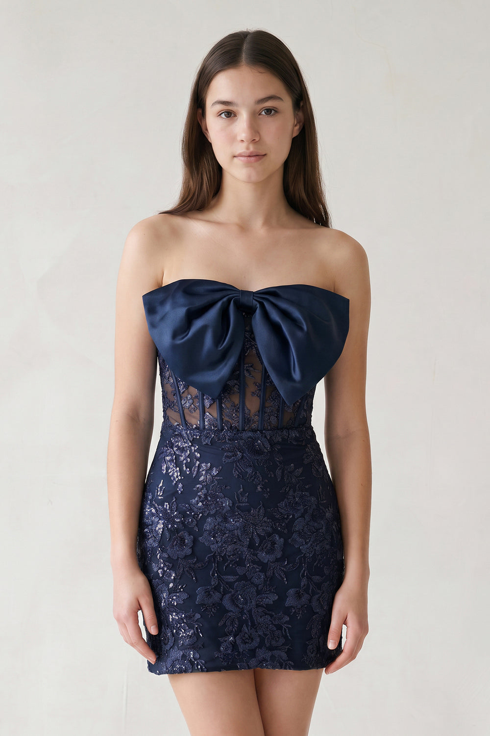 Navy Blue Bodycon Sequined Lace Strapless Corset Homecoming Dresses with Bow | KISSPROM