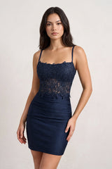 Navy Blue Bodycon Spaghetti Straps Appliqued Mini Party Dress | KISSPROM