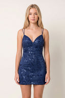 Navy Blue Bodycon V Neck Sequined Satin Mini Homecoming Dresses | KISSPROM