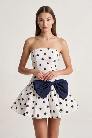 Navy Blue Bowknot A-Line Strapless Polka Dots Satin Homecoming Dress | KISSPROM