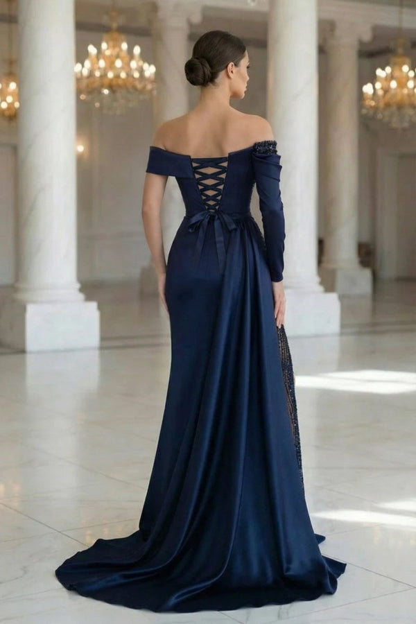 Sheath Off - The - Shoulder Long Sleeves Satin/Sequined Prom Dresses - KissProm