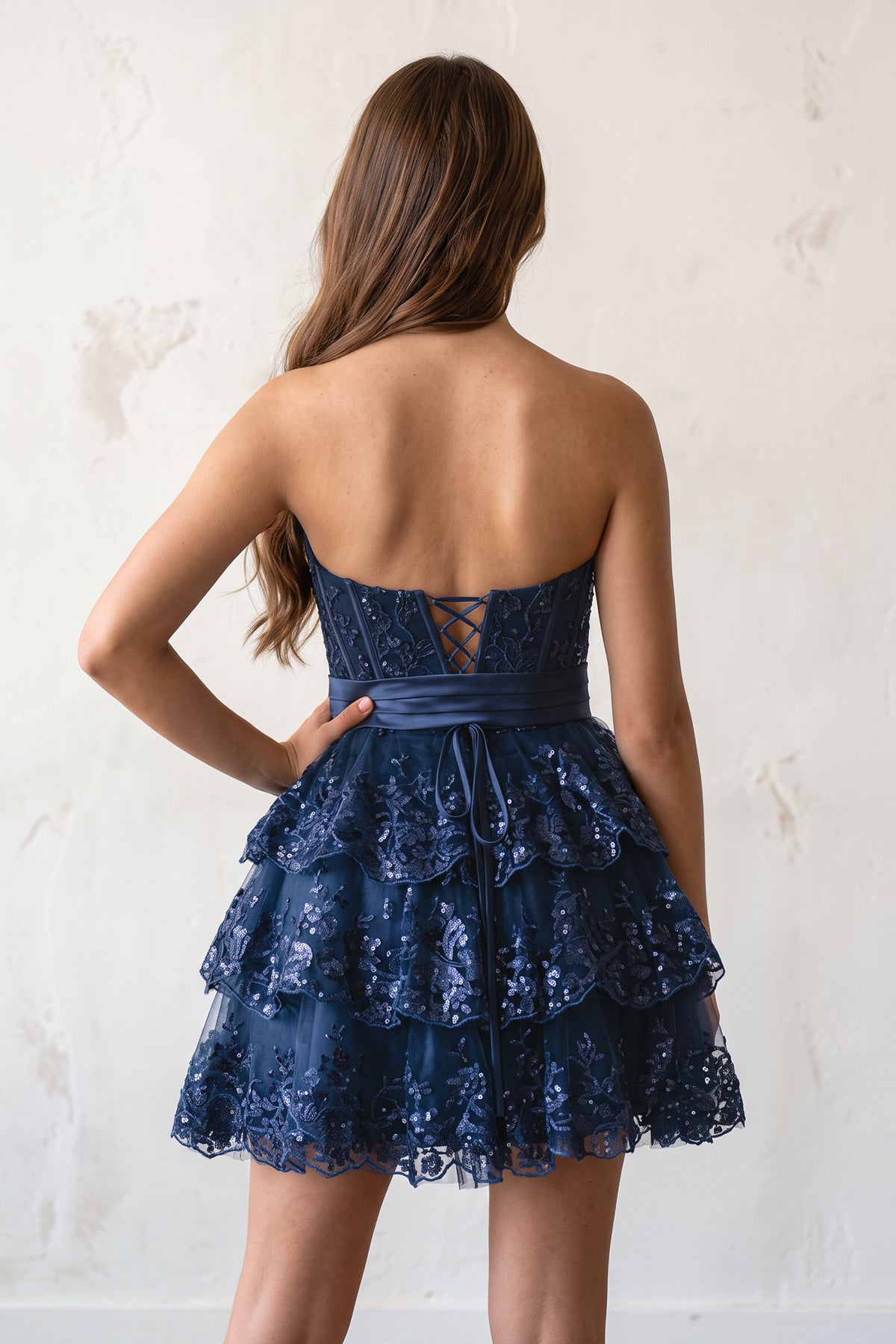 KissProm Red Corset Sequin Appliques Short Party Dress with Bow, Navy Blue / 12