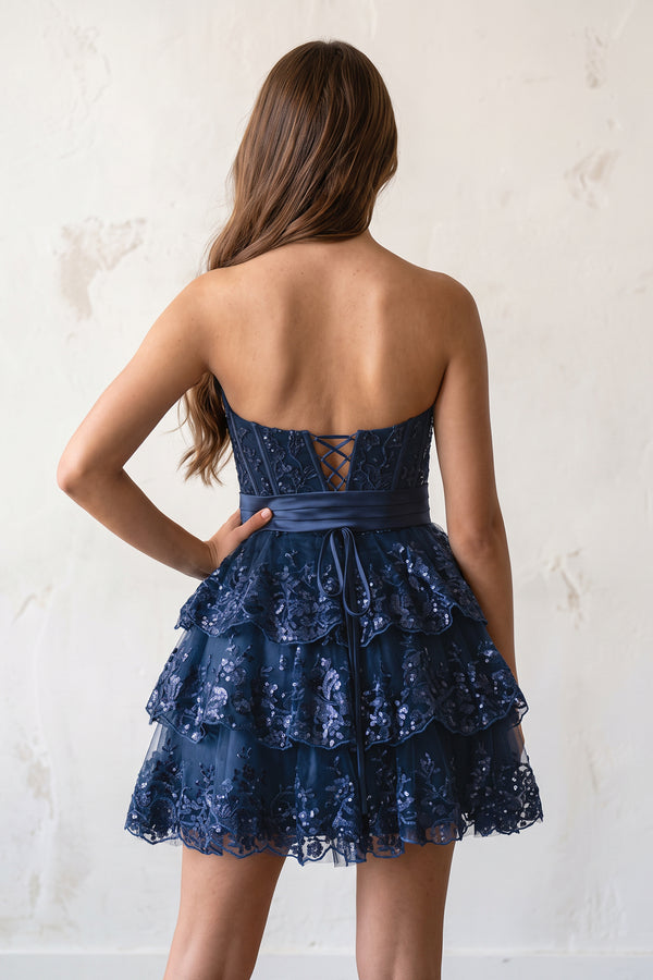 Navy Blue Corset Sequin Appliques Short Party Dress with Bow (2) | KISSPROM