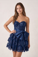 Navy Blue Corset Sequin Appliques Short Party Dress with Bow | KISSPROM
