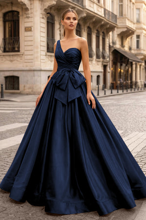 KissProm-Navy Blue One Shoulder Satin A Line Prom Dress With Bow