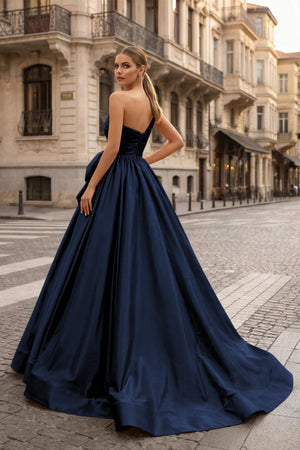KissProm-Navy Blue One Shoulder Satin A Line Prom Dress With Bow