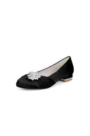 Navy Blue Flat Shoes with Crystal Flower Decoration - KissProm