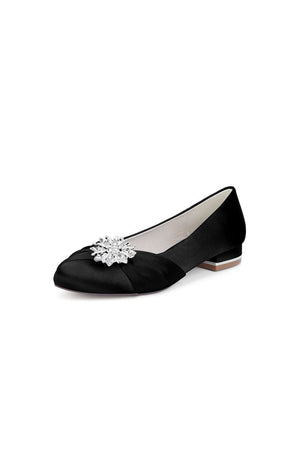 Navy Blue Flat Shoes with Crystal Flower Decoration - KissProm