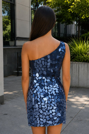 Navy Blue Gradient Cut Glass Mirror One-Shoulder Mini Homecoming Dresses | KISSPROM