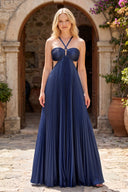 Navy Blue Halter Pleated Satin A Line Prom Dresses With Cutout | KISSPROM