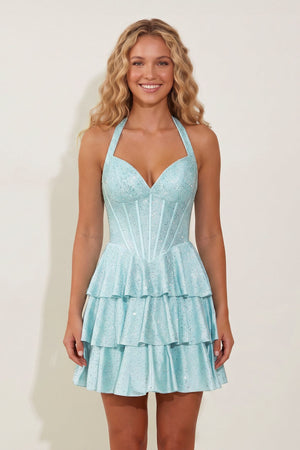 Sky Blue Halter Ruffled A-Line Corset Homecoming Dress With Beading | KISSPROM