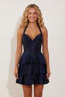 Navy Blue Halter Ruffled A-Line Corset Homecoming Dress With Sequins – Homecoming Dress by KissProm | Available at KissProm