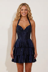 Navy Blue Halter Ruffled A-Line Corset Homecoming Dress With Sequins – Homecoming Dress by KissProm | Available at KissProm